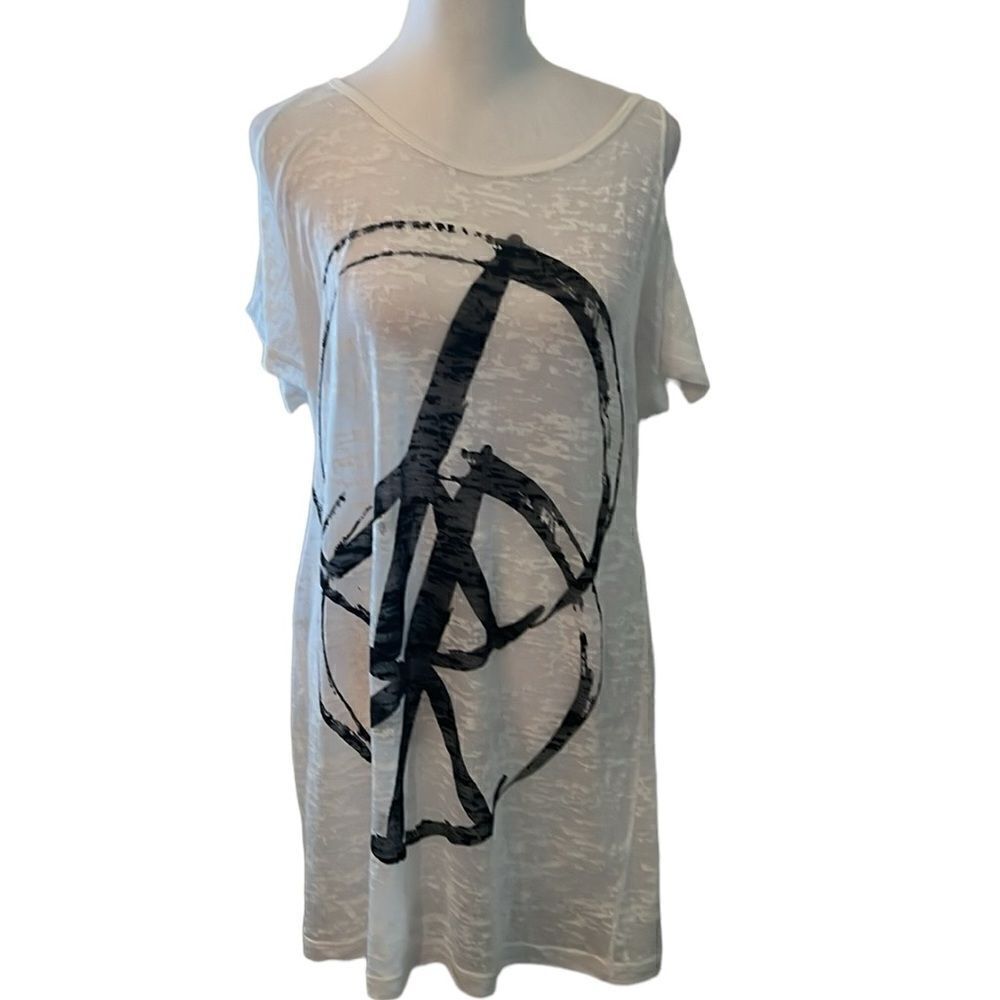 BCBGMAXAZRIA szS white with double peace symbol cold shoulder swim coverup EUC